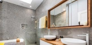Grey and timber bathroom