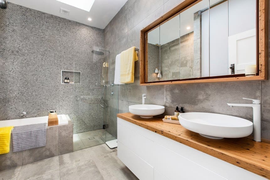 Grey and timber bathroom