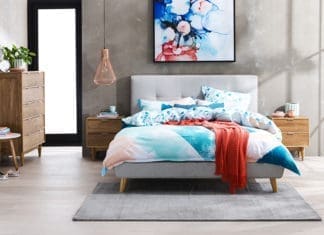 Tara queen bed pictured with Cino bedside tables and tall boy