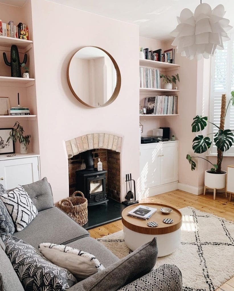 blush pink and grey living room