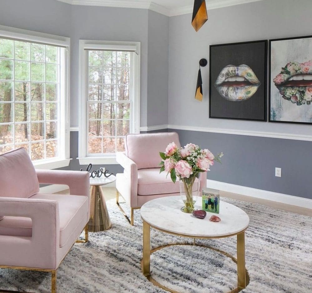 grey and pink living room design