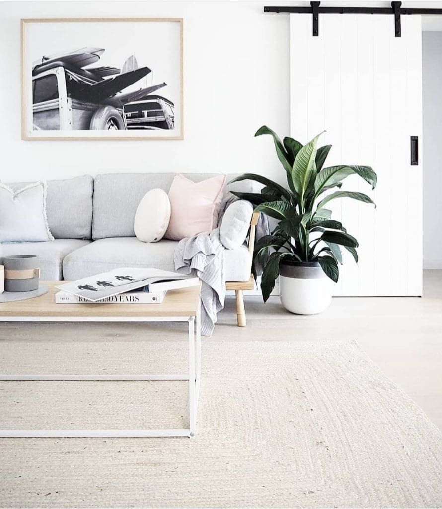 grey couch living room _ blush pink and grey 