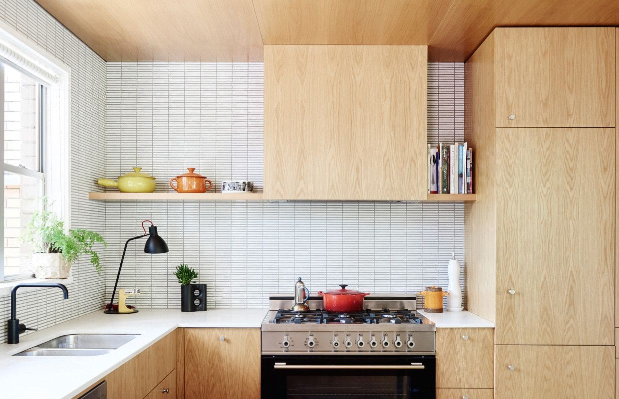 Close up of white kit kat tile splashback