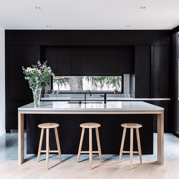 Black kitchens with island like timber furniture