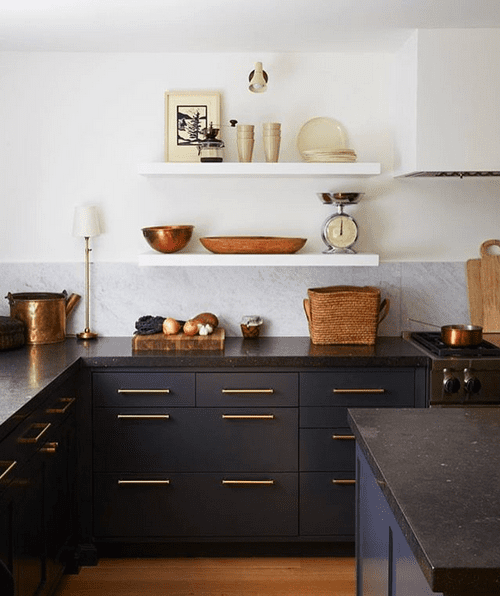 Marble splashback and Black kitchens