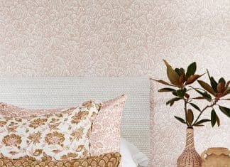 Blush pink tones from Overland collection and wall paper by Walter G