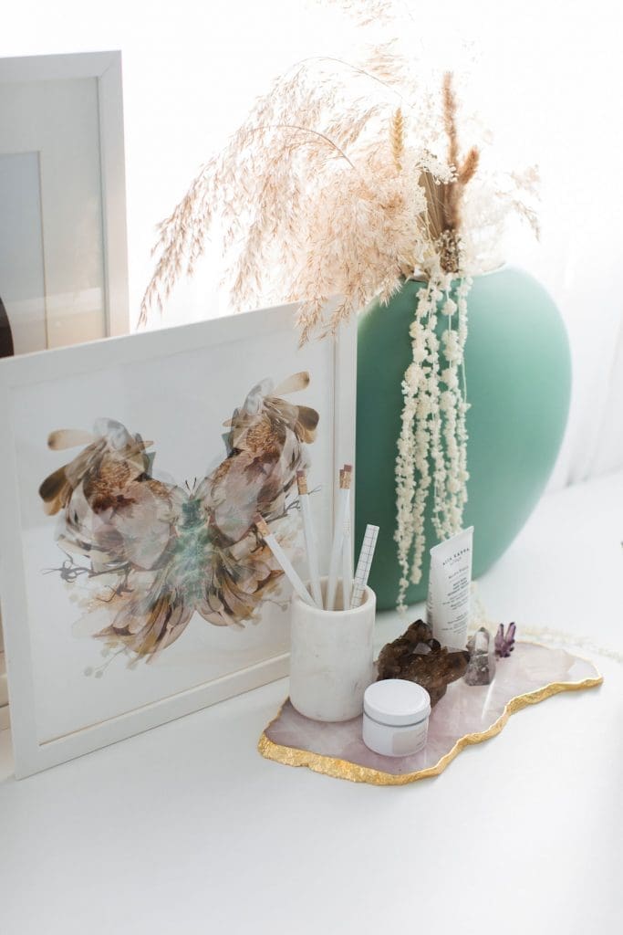 Artwork and crystals in home office