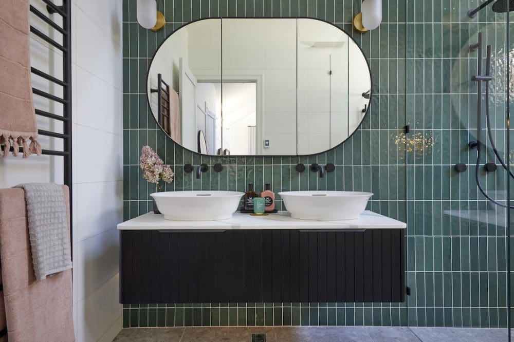 The Block 2020_week 4_master ensuite_Harry and Tash_mirror and vanity
