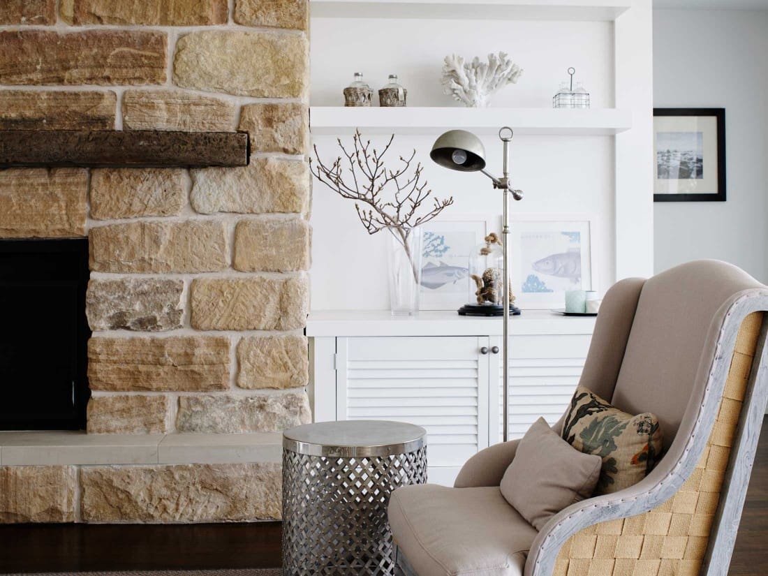 Coastal Hamptons home fireplace and living area