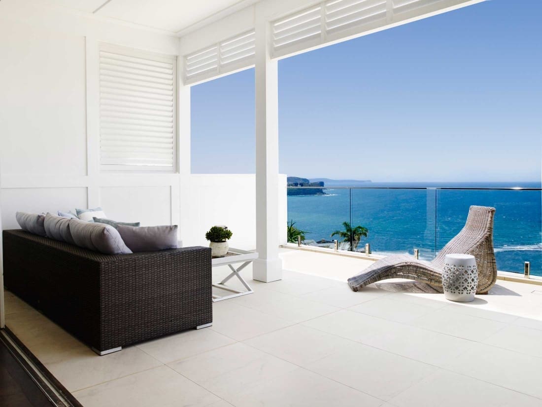 Coastal Hamptons home balcony with ocean view