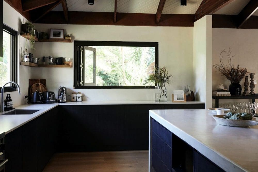 Black and white kitchen with vaulted ceilings