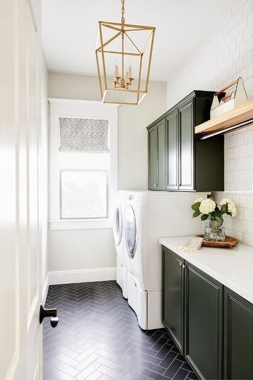 Black herringbone tile floor
