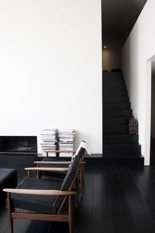 Modern minimalist living room with black floors