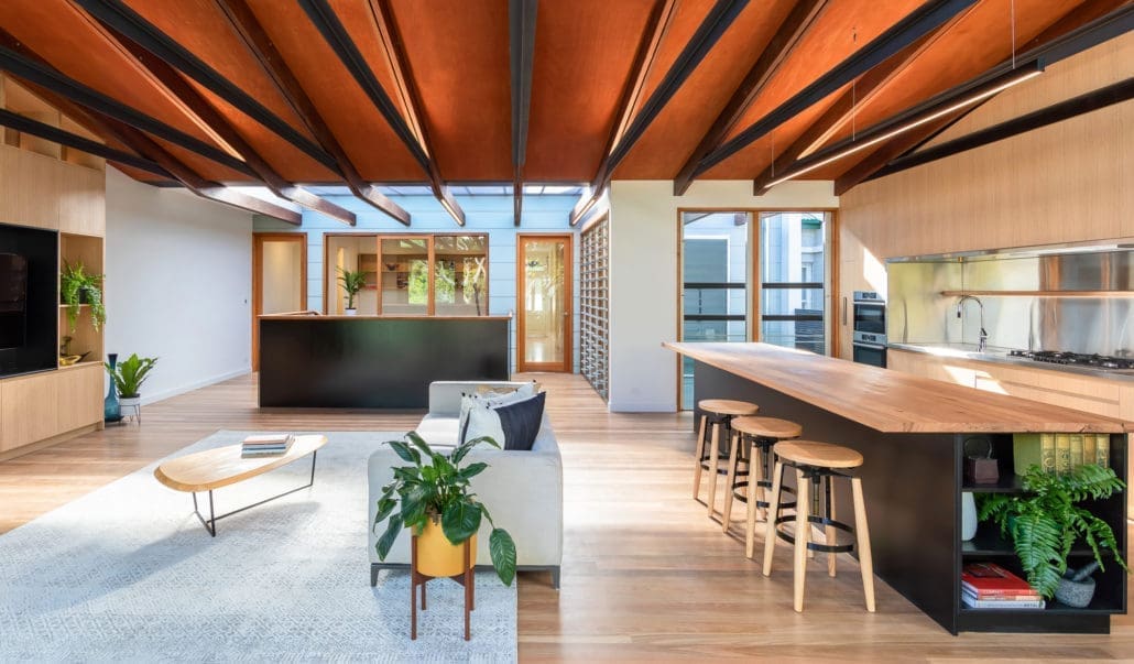 Kitchen island and open plan living in Strawberry House