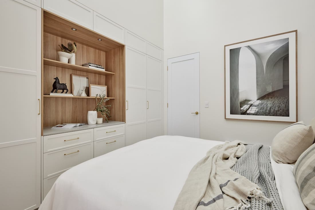 Guest bedroom with timber built ins from The Block 2021