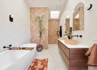 Moroccan feel bathroom with timber vanity and brown mosaic feature wall