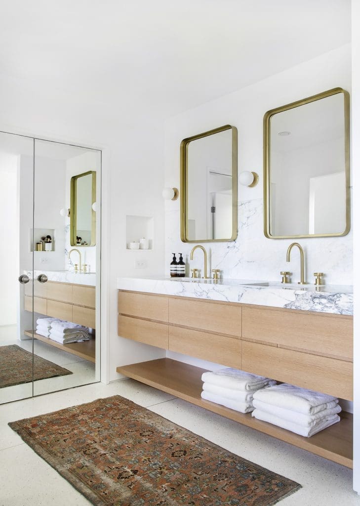Mandy Moore's bathroom with gold framed mirrors what bathroom mirror to buy