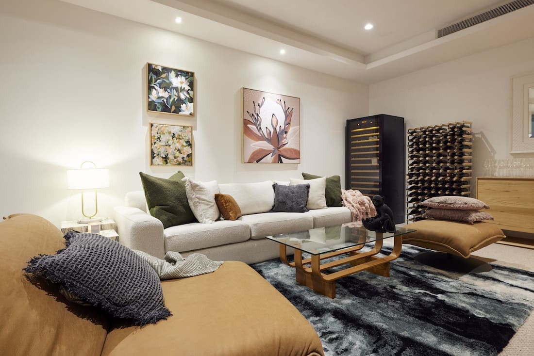 Basement lounge with wine storage