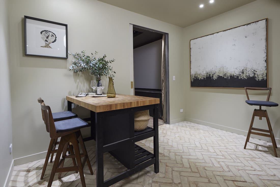 Butchers block table in wine room