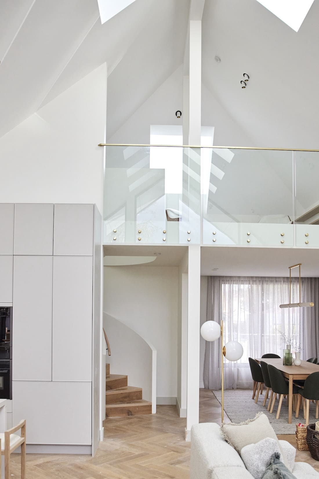Open plan kitchen living and dining with mezzanine level