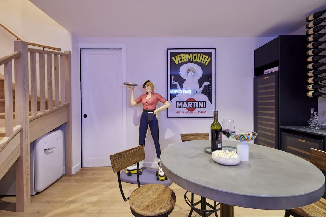 Statue in basement bar area