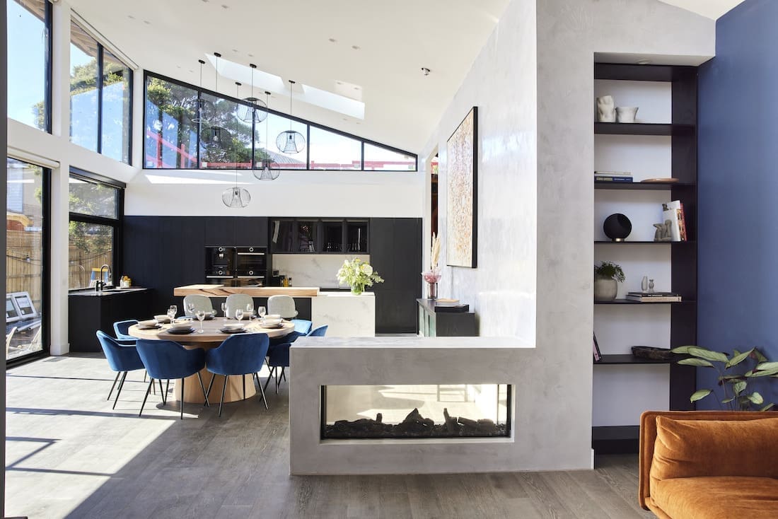 Fireplace through to dining and kitchen