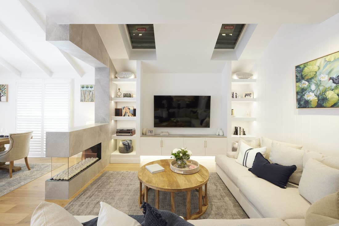 Living room with built in shelving