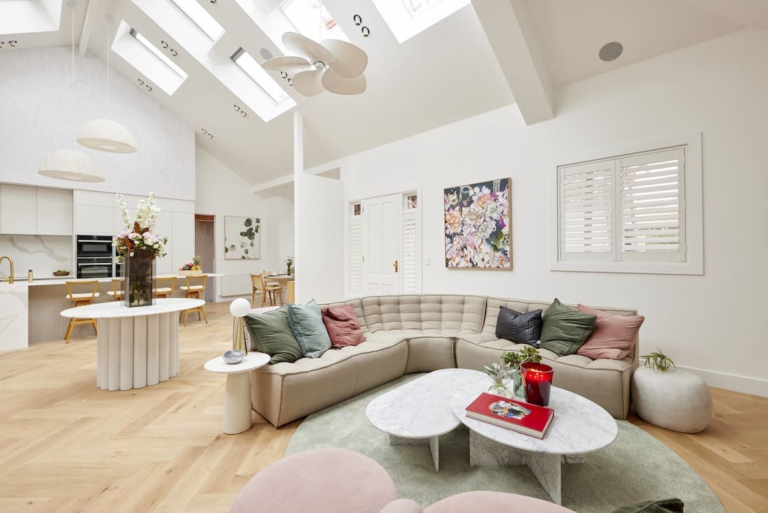 Living room with curved sofa
