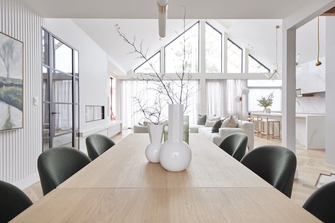 View from dining table to pitched roof windows