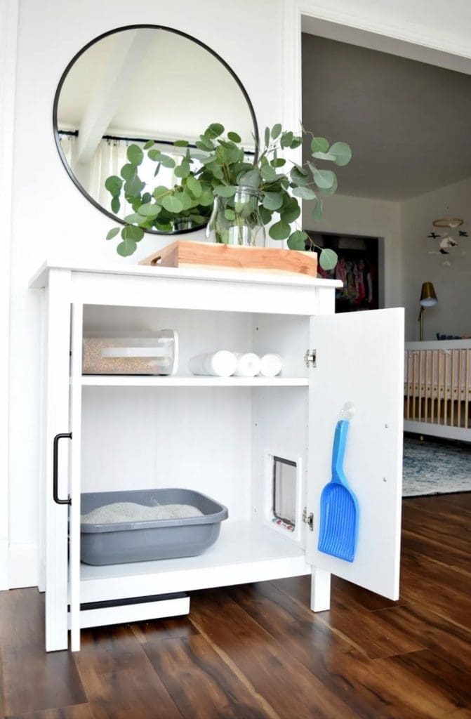 Hiden kitty litter in cabinet