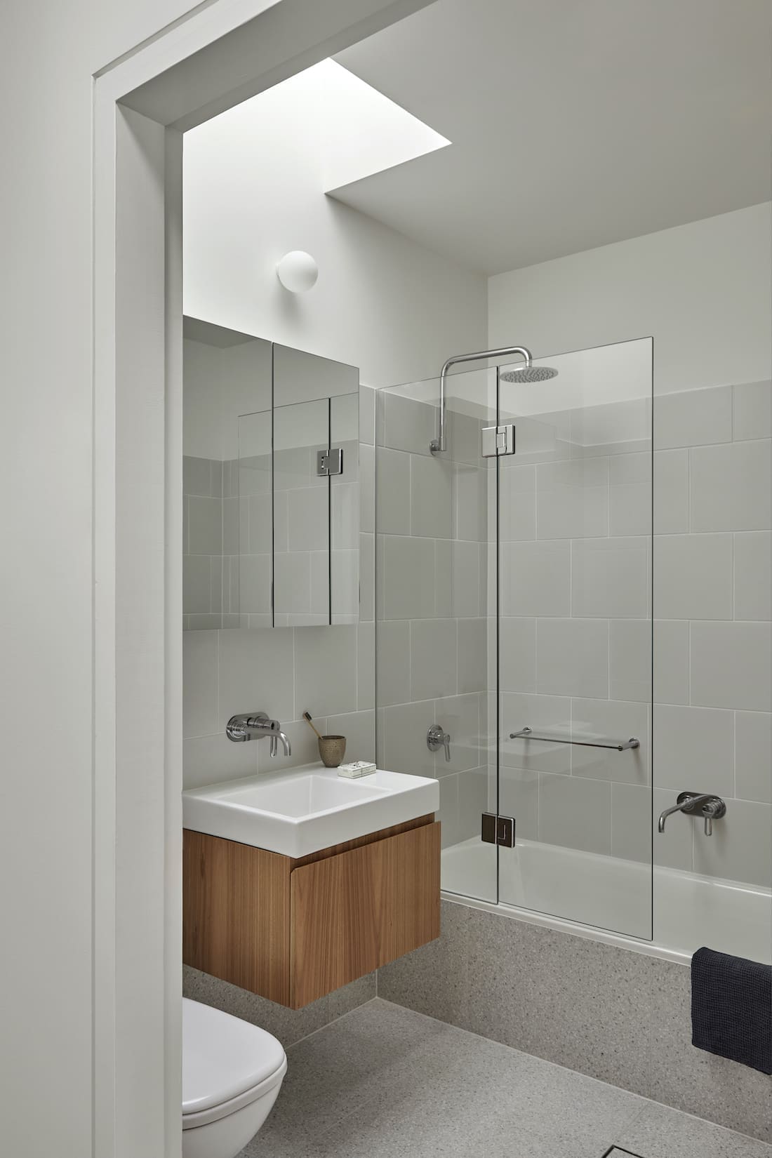 grey bathroom with timber vanity _ sustainable heritage-listed home renovation