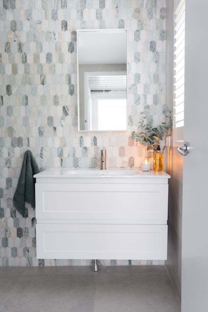 ming green natural marble mosaic tile with white vanity