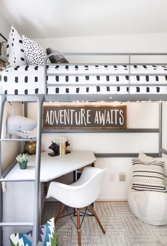 Black and white bedroom with study nook