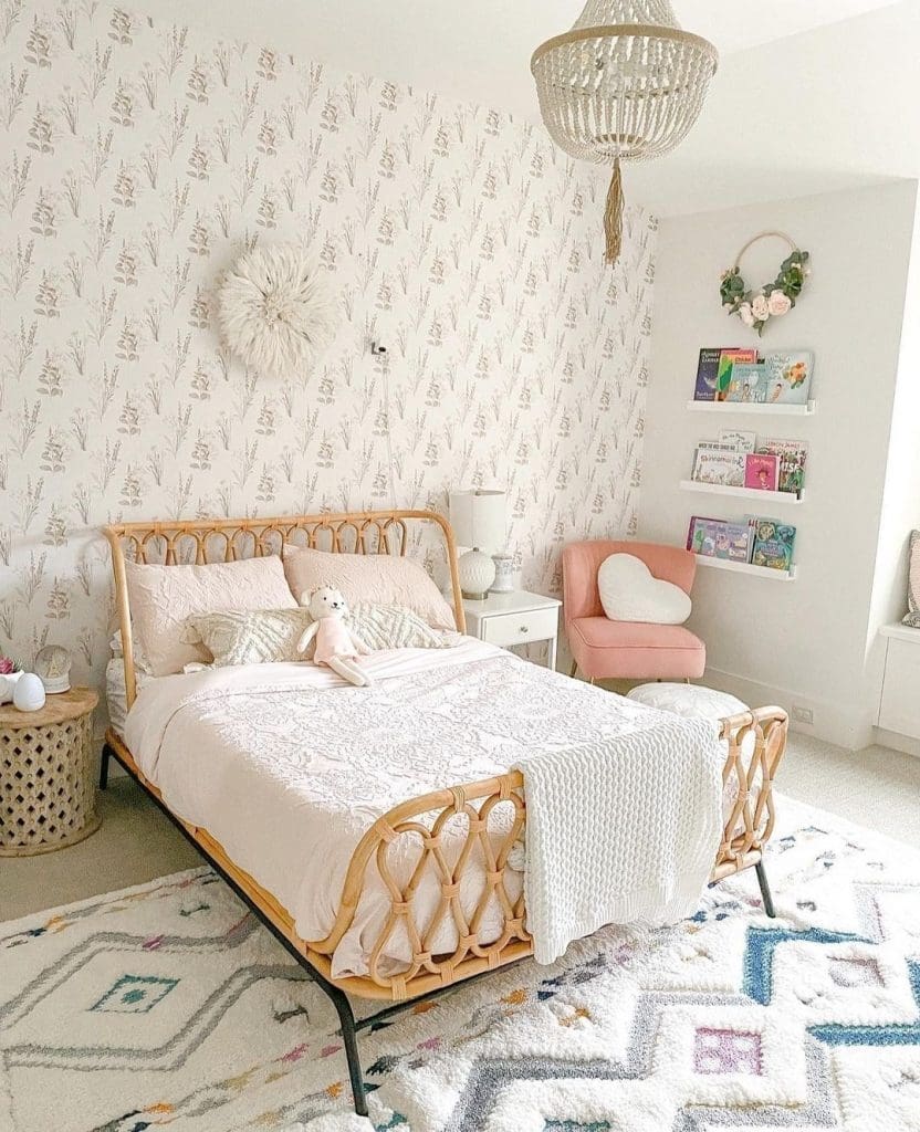 Cane bed in girls bedroom