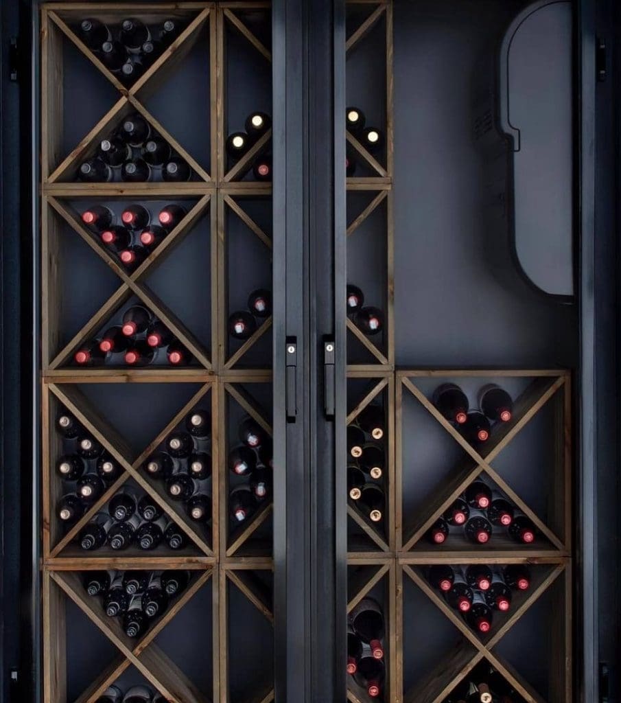 Black double door walk-in wine cooler