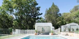 How to store pool chemicals safely all year round Front Porch Brookfield home - pool with cabana