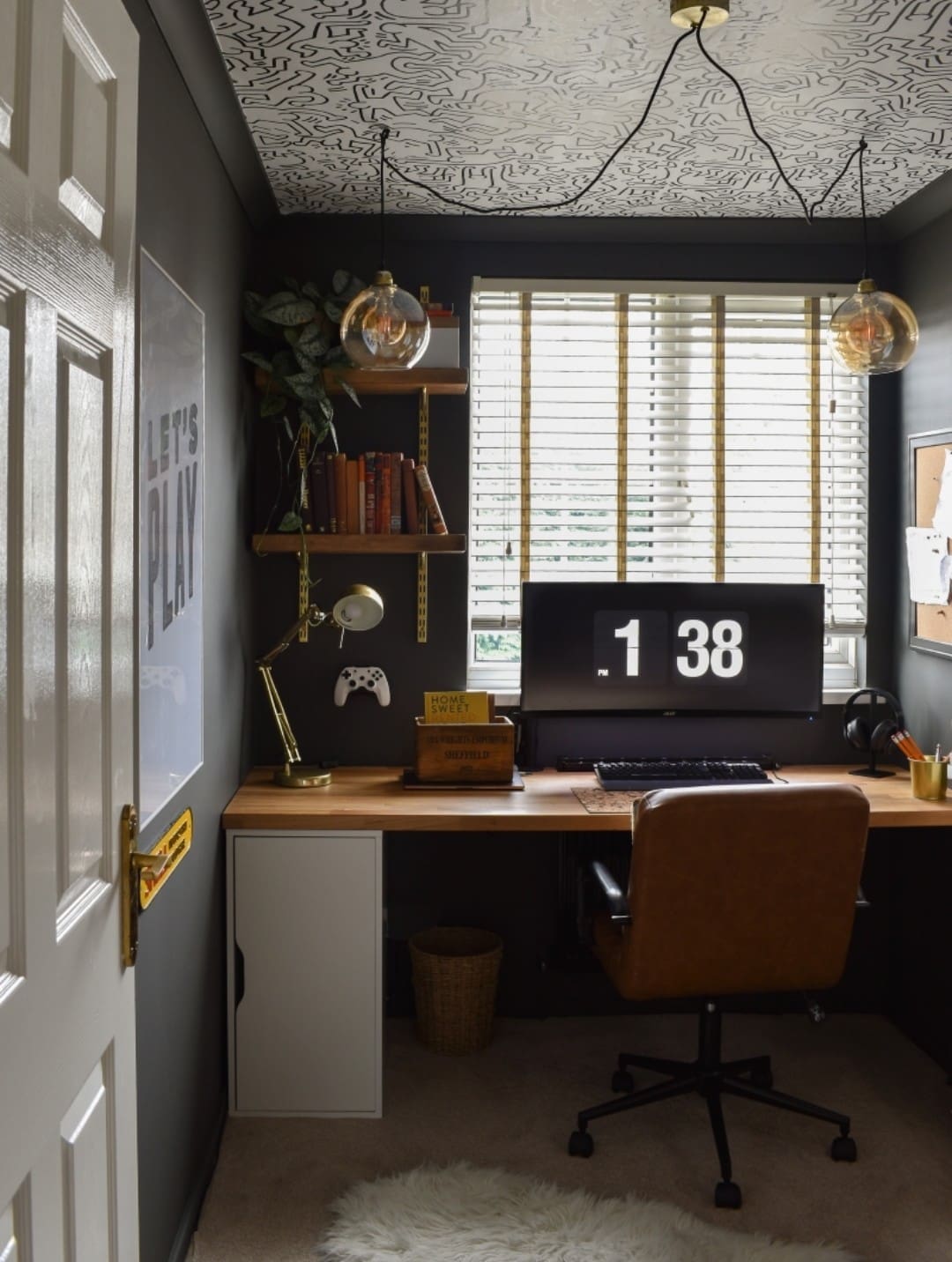 Manly study with wallpaper on roof