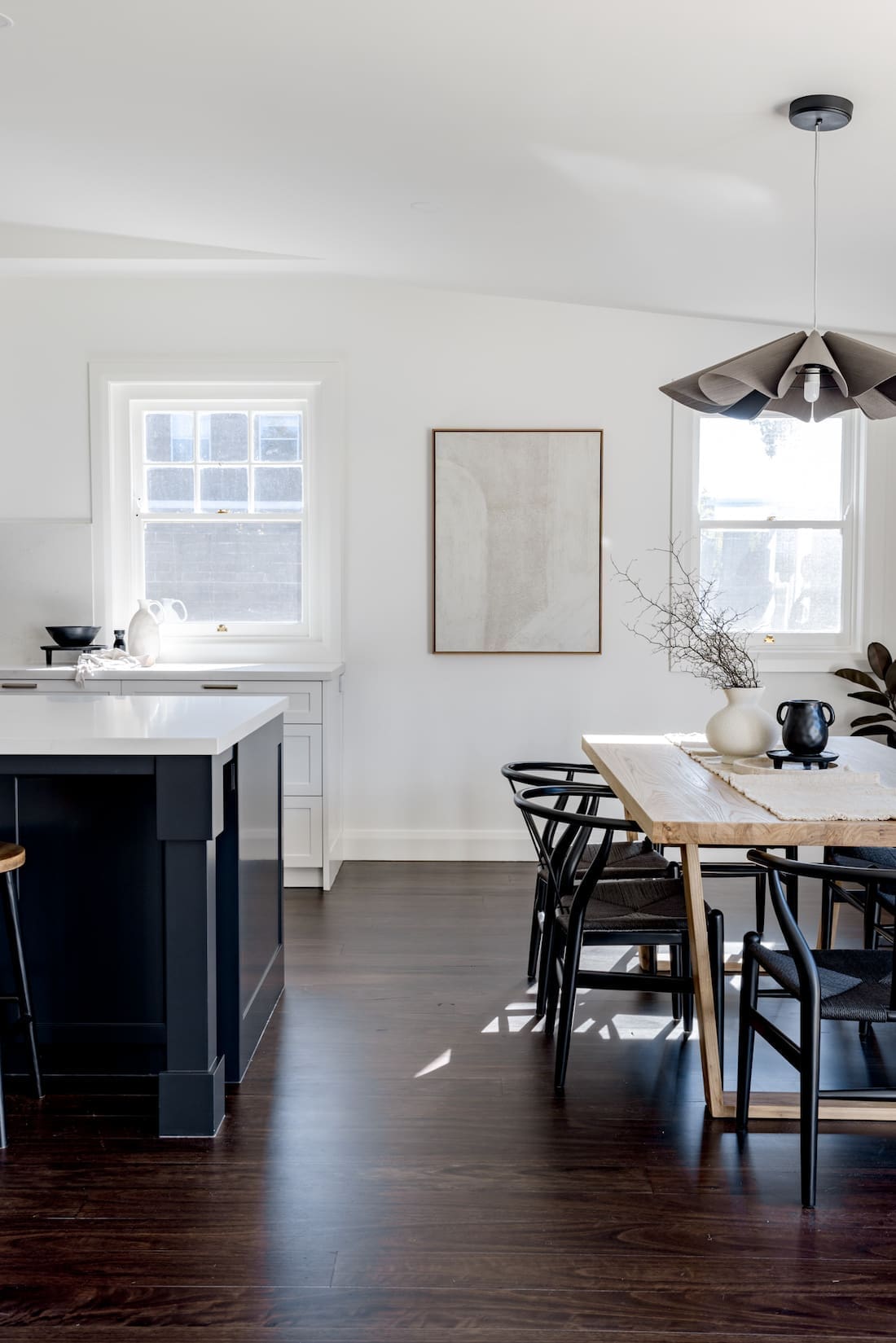 Navy kitchen island open plan to dining space