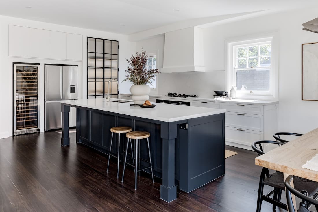 Navy kitchen island in North American style farmhouse
