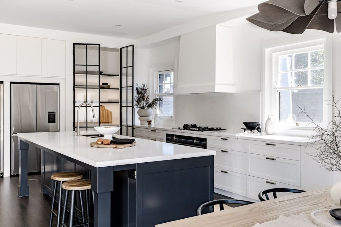 Navy blue island bench in kitchen