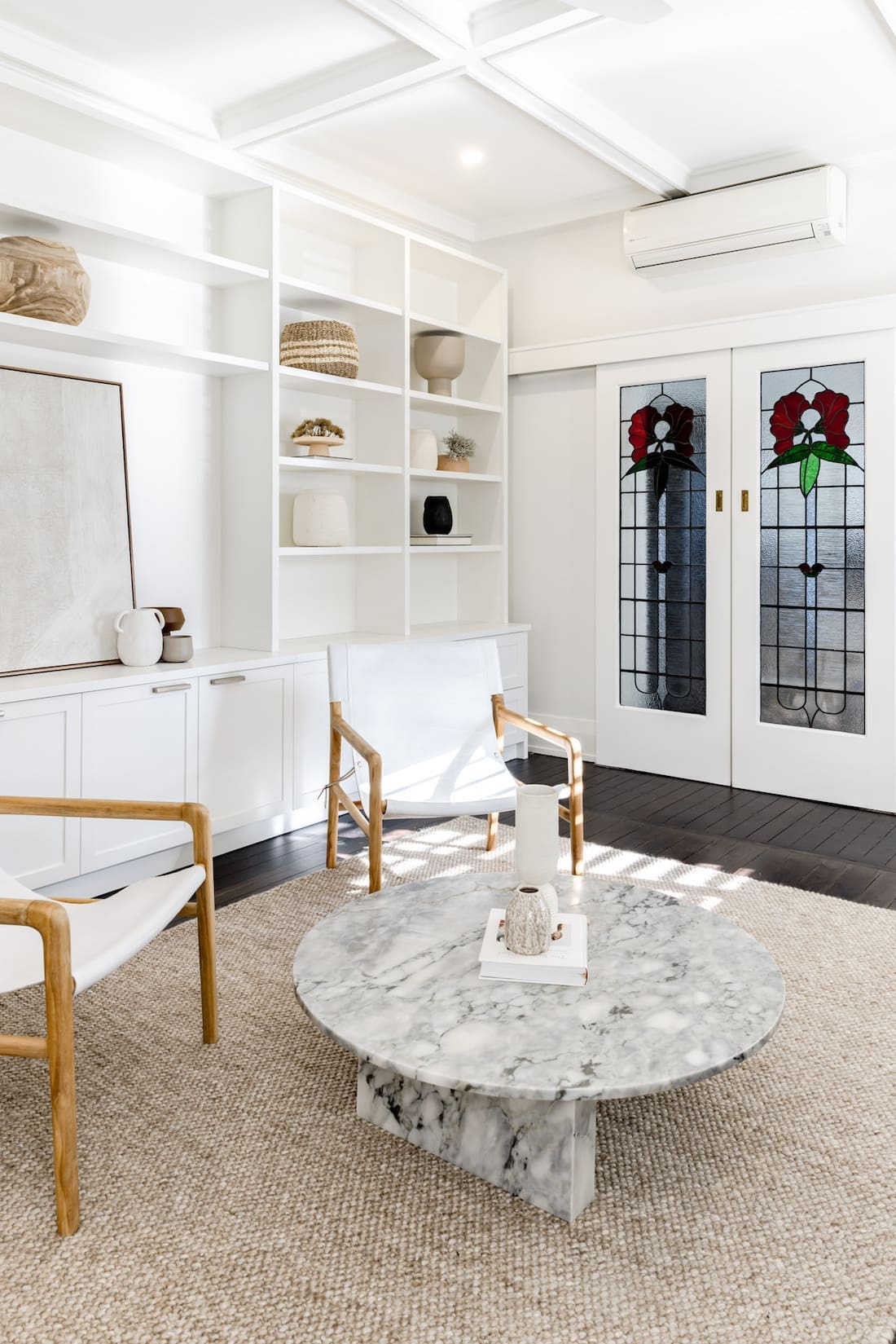 Living room with original stained glass windows
