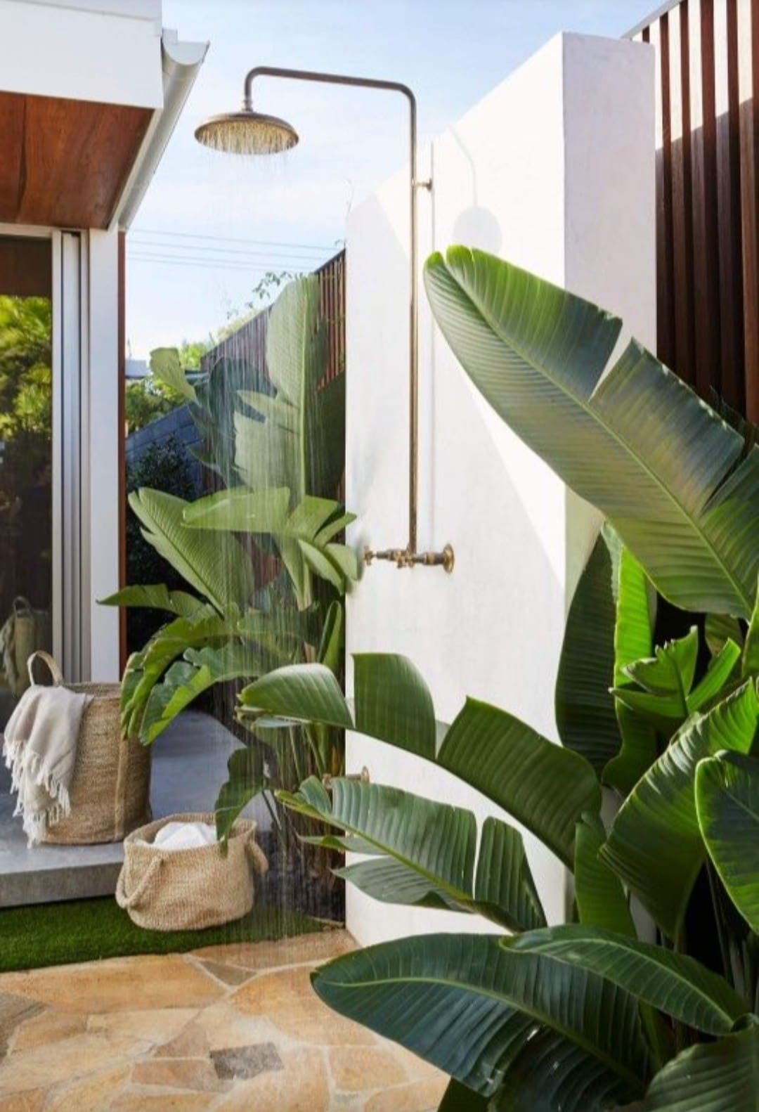 Tropical backyard with outdoor shower