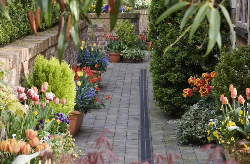 Flower pots down pathway