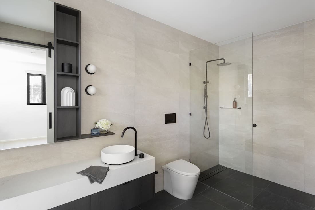 beige tiles in contemporary bathroom
