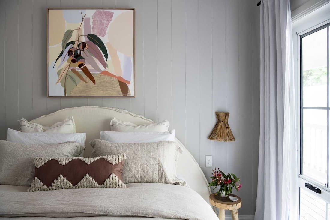 Grey tongue and groove wall in bedroom