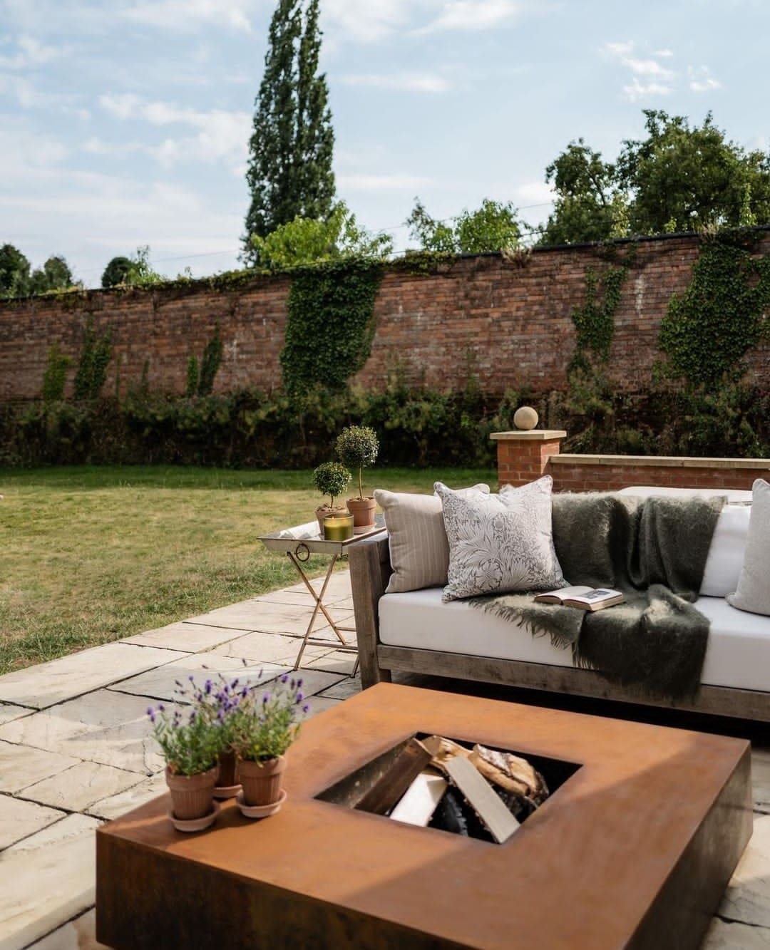 Square firepit with outdoor couch