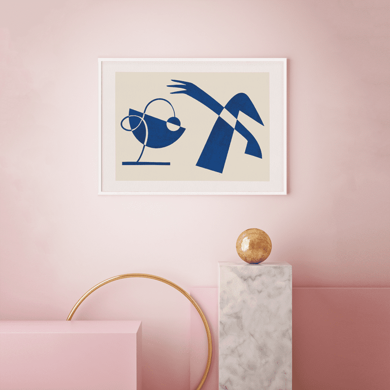 Blue graphic art in pink room from Aplotica Studio