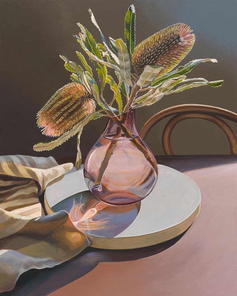 Still life vase of yellow banksia flowers by Sarah Abbott Art and Design