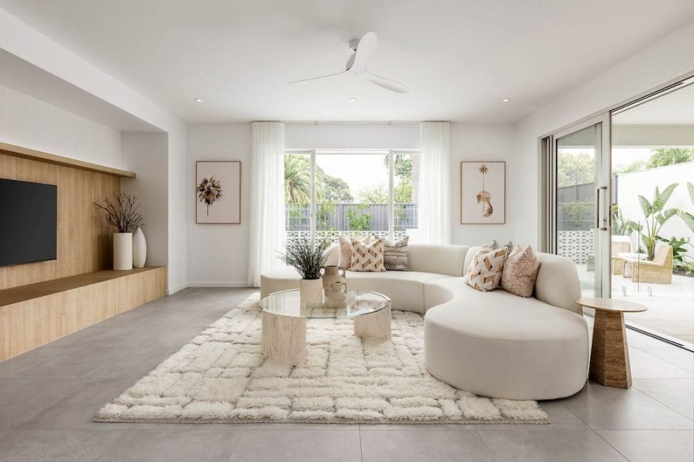 Open plan living room with timber joinery