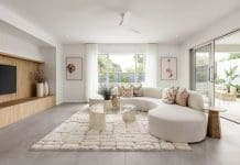 Open plan living room with timber joinery